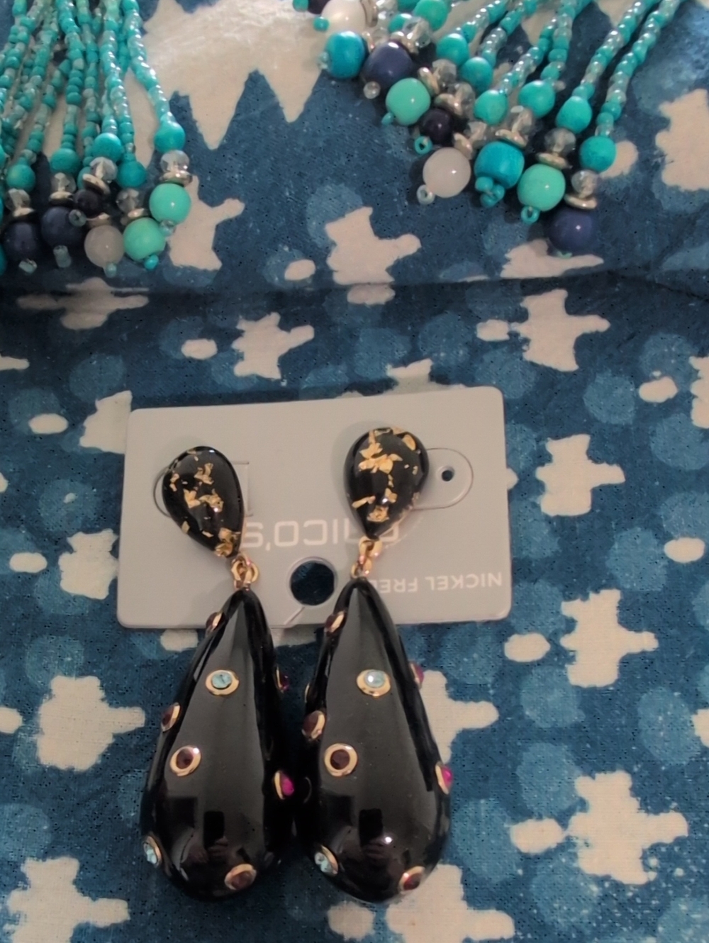 NWT  Black Teardrop Statement Earrings with Gold And Faux Jewels
